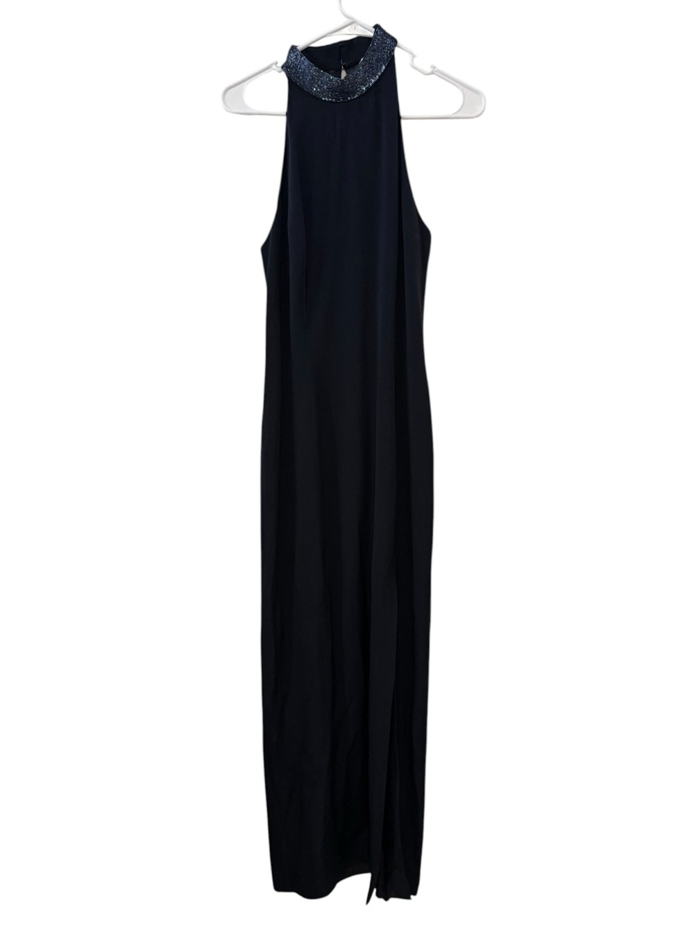 Rimini by Shaw 12 Navy Beaded High Neck Maxi Formal Evening Gown Slit